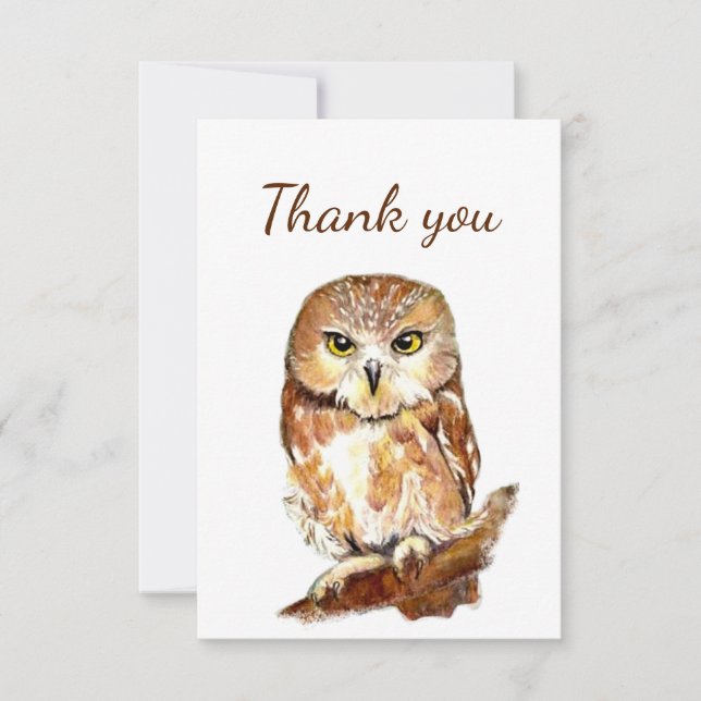 Tarjeta De Agradecimiento Gracias Watercolor Owl Bird Willife Nature (Anverso)