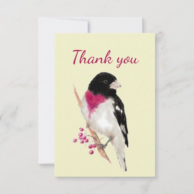 Tarjeta De Agradecimiento Gracias Watercolor Rosa Pájaro Grosbeak Pechoso (Anverso)