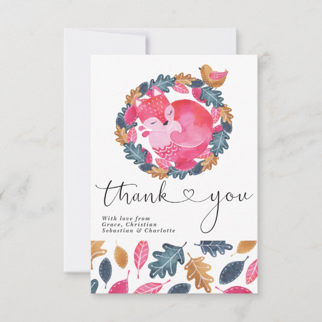 Tarjeta De Agradecimiento Gracias Woodland Dormir Pájaro Fox Y Salir (Anverso)
