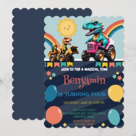 Tarjeta De Agradecimiento Gracioso globo de camión de dinosaurios arco iris 