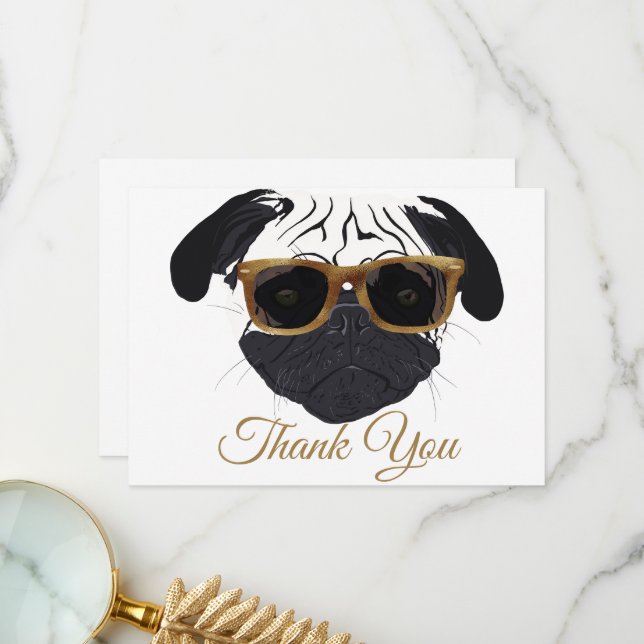 Tarjeta De Agradecimiento Gracioso Ilustracion de Perro Pug Glasses Golden (Anverso/Reverso In Situ)