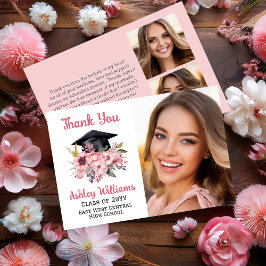 Tarjeta De Agradecimiento Grad Cap y Pink Florals 3 Photo Graduation