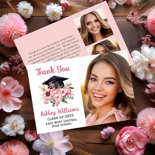 Tarjeta De Agradecimiento Grad Cap y Pink Florals 3 Photo Graduation (Grad Cap and Pink Floral Swag Bouquet "Thank You" Flat Card -- "SHE Did It!" Graduation Collection)