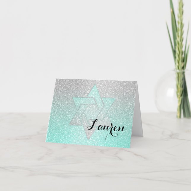 Tarjeta De Agradecimiento Gradiente Purpurinoso Bat Mitzvah Gracias Aqua (Anverso)