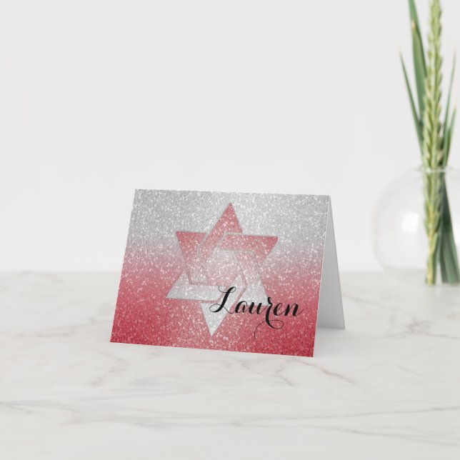 Tarjeta De Agradecimiento Gradiente Purpurinoso Bat Mitzvah Gracias Red (Anverso)