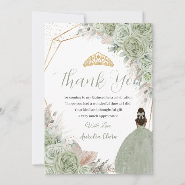Tarjeta De Agradecimiento Grado Boho Quinceanera Sage Green Floral Pampas (Anverso)