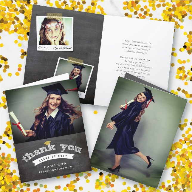 Tarjeta De Agradecimiento Grado de tapón de foto de retro de croqueta (Retro Black Chalkboard Sketch Photo Graduation Cap Grad Thank You Card @ zazzle.com/color_therapy)