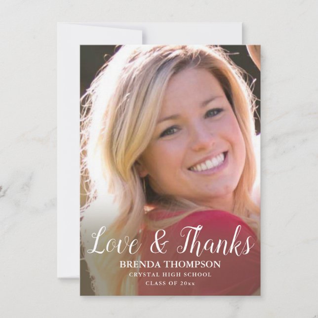 Tarjeta De Agradecimiento Graduación Amor y Gracias Foto De Guión Blanco (Anverso)