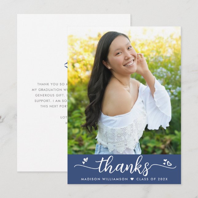 Tarjeta De Agradecimiento Graduación Azul Foto Moderno Script Elegante Coraz (Anverso / Reverso)