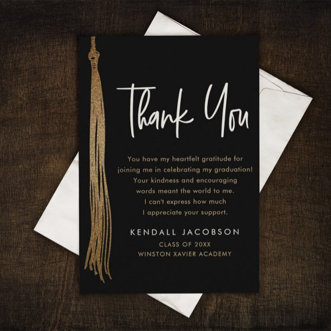 Tarjeta De Agradecimiento Graduación Cap Tassel Oro Negro Moderno (Elegant Grad Cap tassel gold black thank you card.)