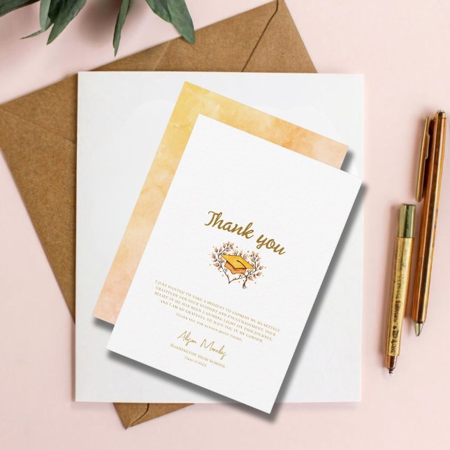 Tarjeta De Agradecimiento Graduación de Cap Peach dorado dibujada a mano (Subido por el creador)