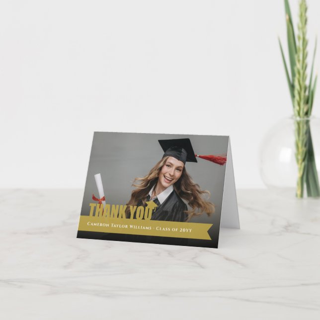 Tarjeta De Agradecimiento Graduación de cinta dorada superpuesta, tapa de gr (Anverso)