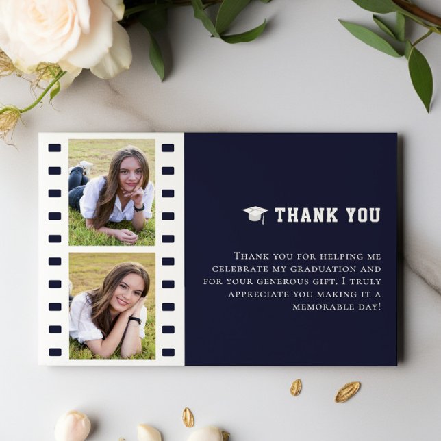 Tarjeta De Agradecimiento Graduación de Collage de fotos de Filmstrip Blue G (Blue Filmstrip Photo Collage Graduation Thank You Cards)