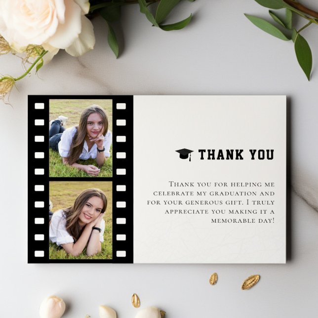 Tarjeta De Agradecimiento Graduación de Collage de fotos Filmstrik Gracias (White Filmstrip Photo Collage Graduation Thank You Cards)