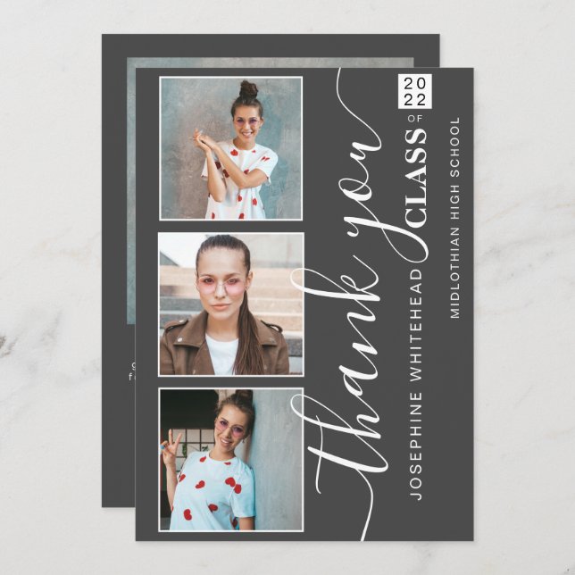 Tarjeta De Agradecimiento Graduación de collage de fotos Gracias Gris oscuro (Anverso / Reverso)