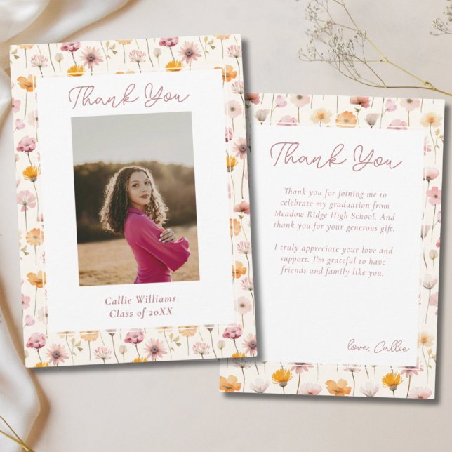 Tarjeta De Agradecimiento Graduación de Flores Silvestres Boho Floral Waterc (Wildflower floral thank you card)