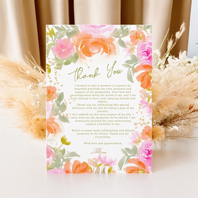 Tarjeta De Agradecimiento Graduación de flores silvestres del Boho Garden na (Boho Garden orange wildflowers graduation Thank You Card)