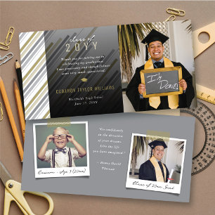 Tarjeta De Agradecimiento Graduación de Foto con Rayas Grises Doradas con Es