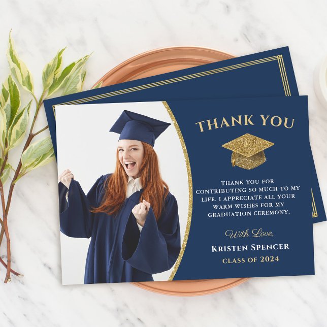 Tarjeta De Agradecimiento Graduación de foto de graduado de oro azul clásico (Subido por el creador)