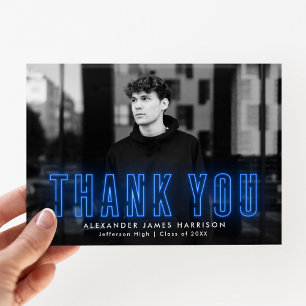 Tarjeta De Agradecimiento Graduación de Foto Neon Azul Moderno