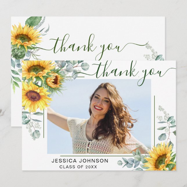 Tarjeta De Agradecimiento Graduación de FOTO Rústica de Sunflower Eucalyptus (Anverso / Reverso)