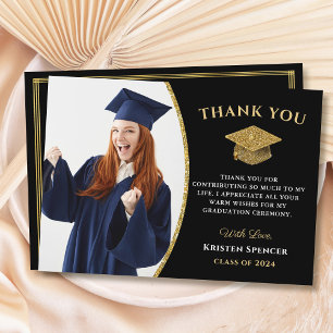 Tarjeta De Agradecimiento Graduación de fotografía de graduado de oro negro 