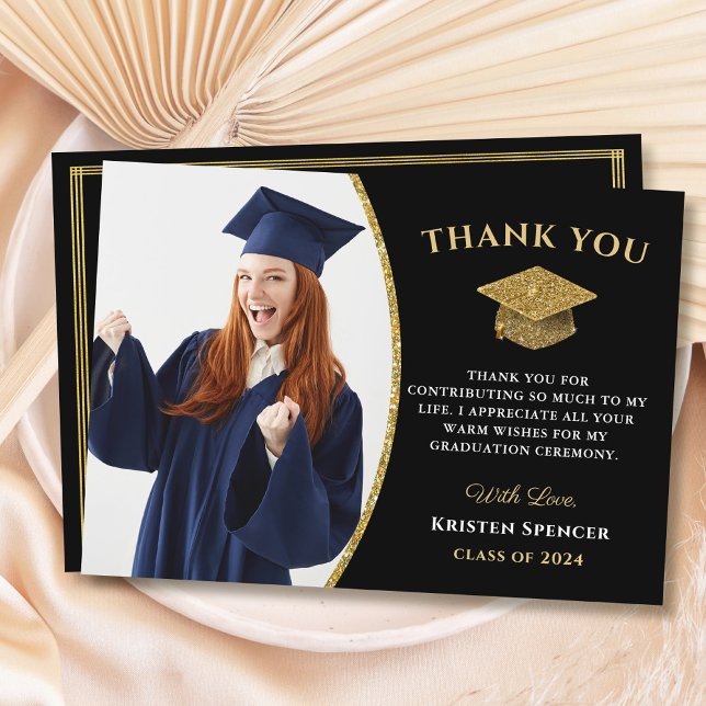 Tarjeta De Agradecimiento Graduación de fotografía de graduado de oro negro  (Subido por el creador)