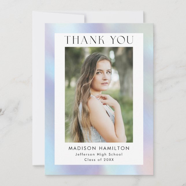 Tarjeta De Agradecimiento Graduación de fotografía holográfica púrpura y azu (Anverso)