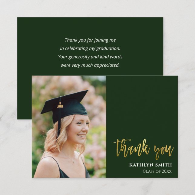 Tarjeta De Agradecimiento Graduación de fotografía moderna verde caligrafía  (Anverso / Reverso)