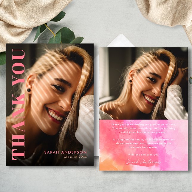Tarjeta De Agradecimiento Graduación de fotografía Naranja y rosa para gradu (Subido por el creador)