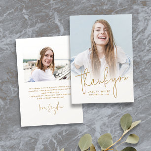 Tarjeta De Agradecimiento Graduación de fotografías Gold Simple Modern Scrip