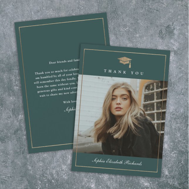 Tarjeta De Agradecimiento Graduación de fotos de oro de guión clásico (Elegant gold graduation cap green photo graduation thank you cards.)