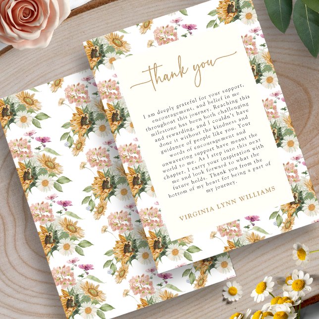 Tarjeta De Agradecimiento Graduación de girasol (Watercolor Sunflower Graduation Thank You Card by Painted Paperie
)