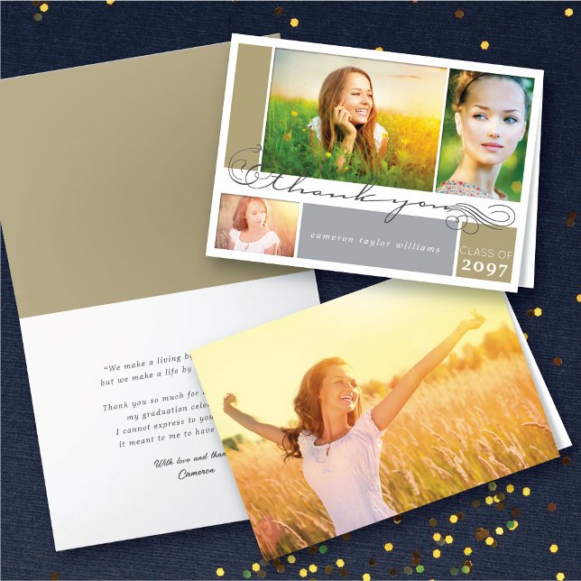 Tarjeta De Agradecimiento Graduación de guión de desplazamiento elegante 3 m (Elegant Scrolls Script Graduation 3 Multi Photo Thank You Folded Card @ zazzle.com/color_therapy)