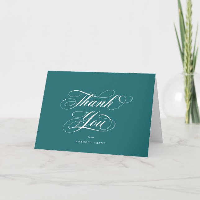 Tarjeta De Agradecimiento Graduación de guión elegante en blanco turquesa (Anverso)