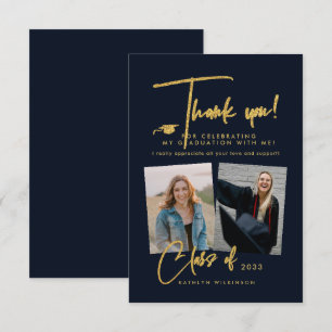 Tarjeta De Agradecimiento Graduación de la foto azul con guión de Purpurina 