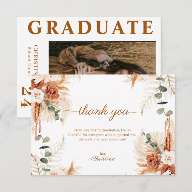 Tarjeta De Agradecimiento Graduación de la foto del Boho Terracotta de guión (Anverso / Reverso)
