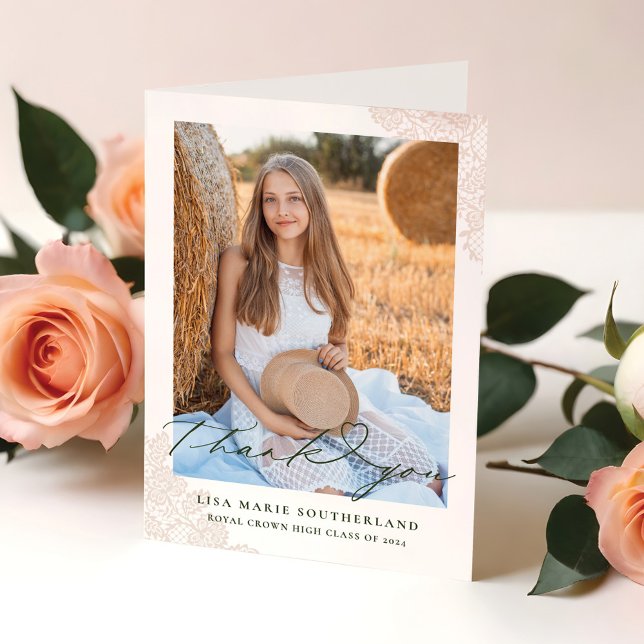 Tarjeta De Agradecimiento Graduación de la foto del pasillo del Boho occiden (Western Boho Country Lace Photo Graduation Thank You Card)