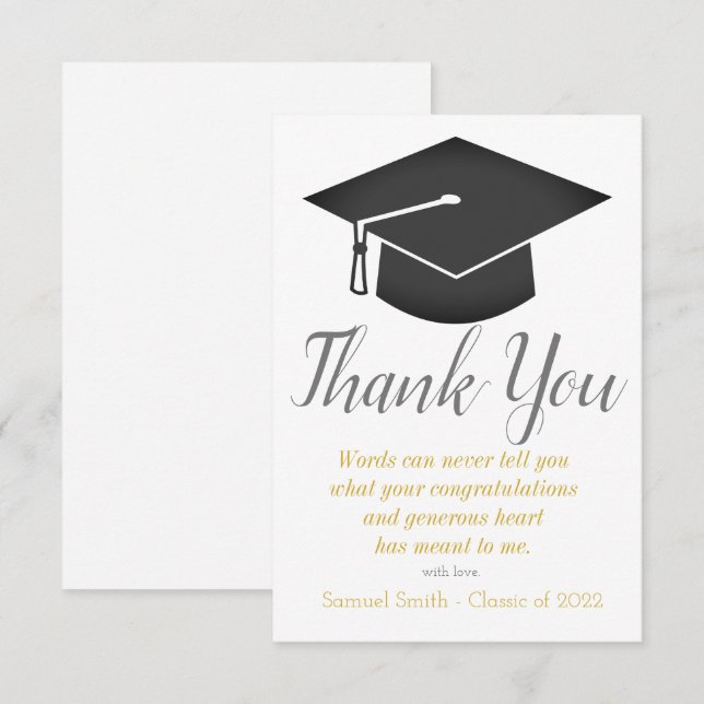 Tarjeta De Agradecimiento Graduación de Tassel y tapón de guiones dorados (Anverso / Reverso)