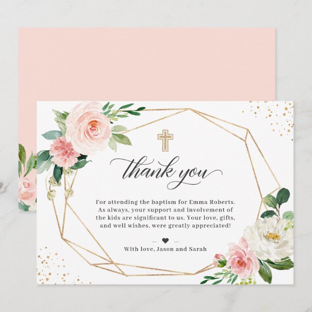 Tarjeta De Agradecimiento Graduación del bautismo floral Gold Geometric Rubo (Anverso / Reverso)
