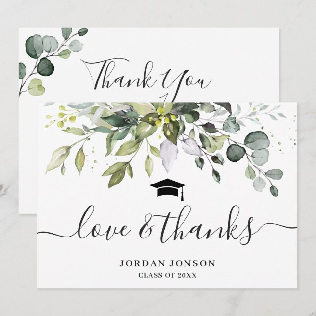 Tarjeta De Agradecimiento Graduación Elegante Simple Eucalyptus Greenery (Anverso / Reverso)