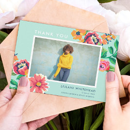 Tarjeta De Agradecimiento Graduación Floral Aqua Blue Photo