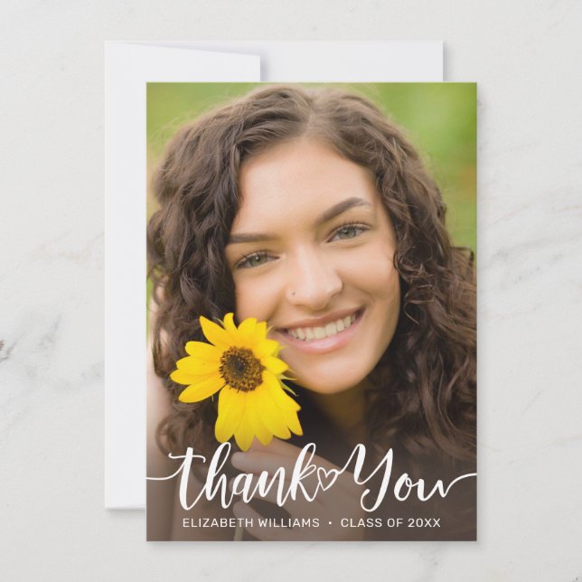 Tarjeta De Agradecimiento Graduación Floral Sunflower White Script Gracias (Anverso)