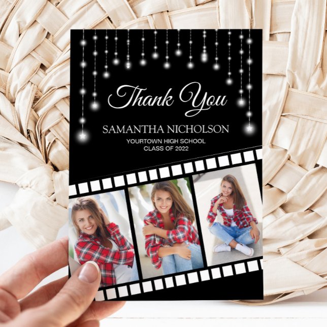 Tarjeta De Agradecimiento Graduación Foto de la película Reel Cinema Star Gr (Black and silver glitter graduation filmstrip 3-photo Thank you card)