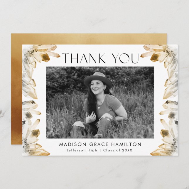 Tarjeta De Agradecimiento Graduación fotográfica de cristales de oro de colo (Anverso / Reverso)