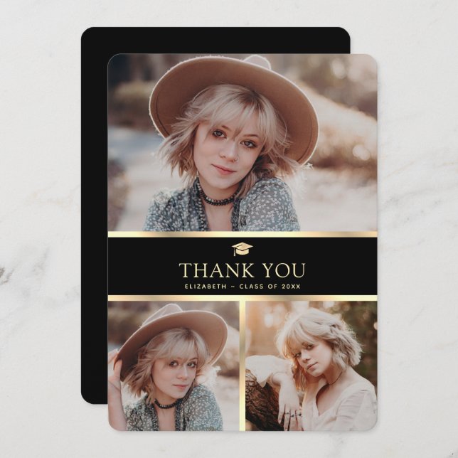 Tarjeta De Agradecimiento Graduación fotográfica moderna en negro y oro 3 (Anverso / Reverso)