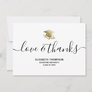 Tarjeta De Agradecimiento Graduación Gold Cap Amor y gracias guión moderno
