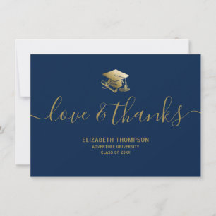 Tarjeta De Agradecimiento Graduación Gold Cap Amor y Gracias Script Azul