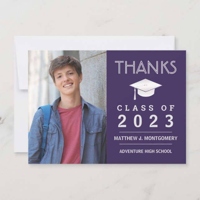 Tarjeta De Agradecimiento Graduación Gracias A La Foto Moderna Púrpura (Anverso)
