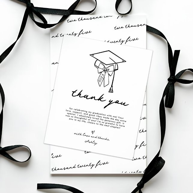 Tarjeta De Agradecimiento Graduación minimalista de gateta (Bow and Cap Graduation Thank You Card | Feminine Graduation Thank You Card)